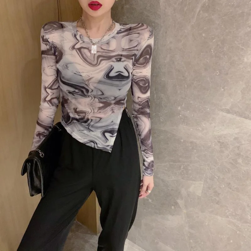 

Разделение с О-образным вырезом на шее, с сеткой; Необычное Женское пальто сужающаяся к талии футболка Femme пуловеры с длинными рукавами Лиде...