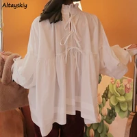 blouse womens summer spring bow white black solid women trendy streetwear plus size ruffled full sleeve leisure hot sale tops