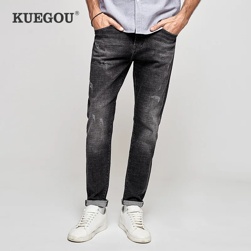 

KUEGOU Cotton Autumn Spring Clothing Classic Black Man Jeans Slim Wear Fashion Stretch Denim Streetwear Men Plus Size LK-1830