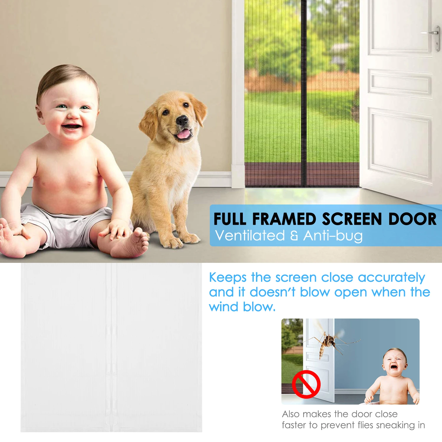 

KKmoon Heavy Duty Magnetic Screen Door Curtain Removable Bug Insect Screen Mosquito Net with Hook&Loop Tapes Push Pins