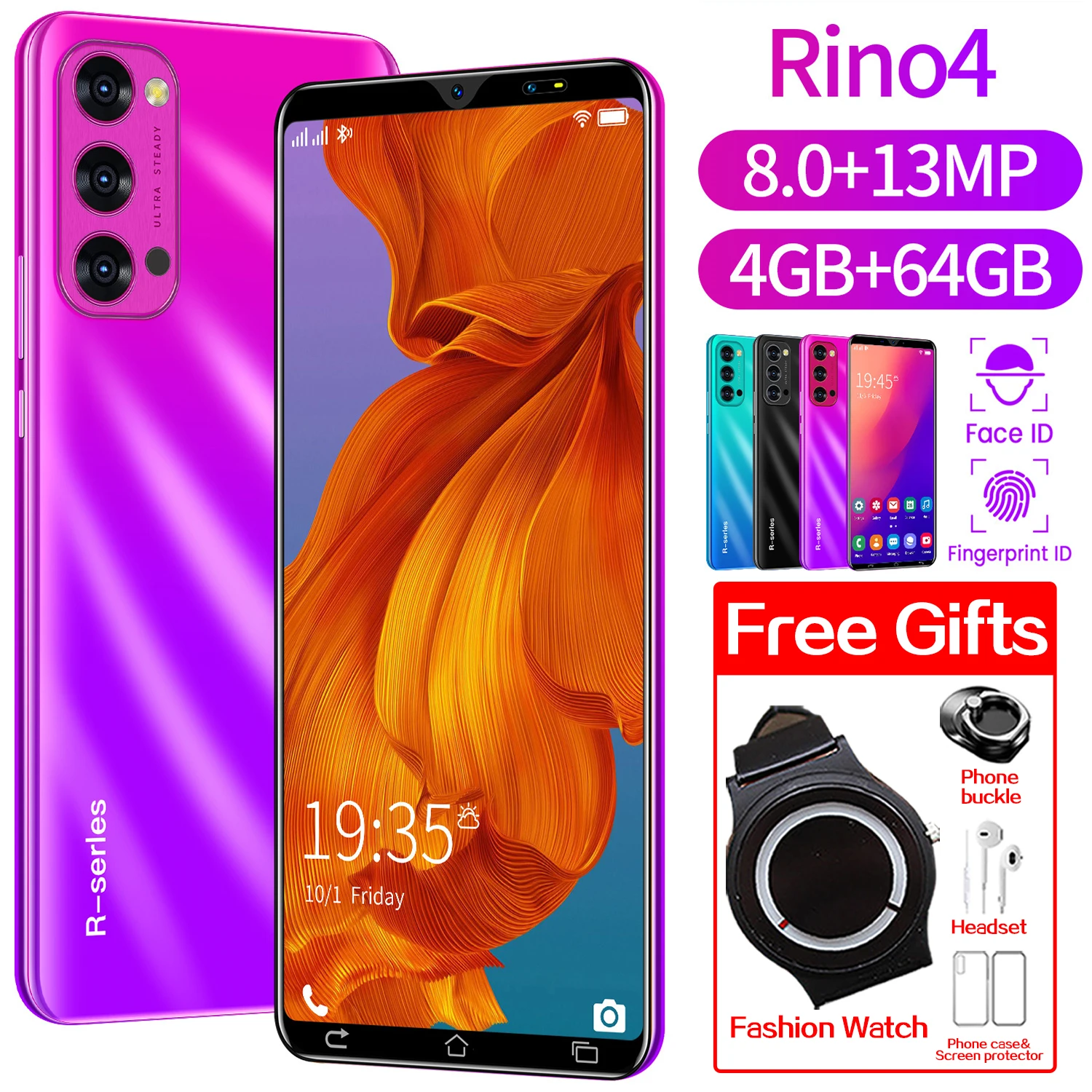 

Rino4 Smartphones Global Universal 4G LET Android Mobile Phone 4GB+64GB 8-Core MT6763 Face ID 4800mAh Dual SIM Card Cellphones