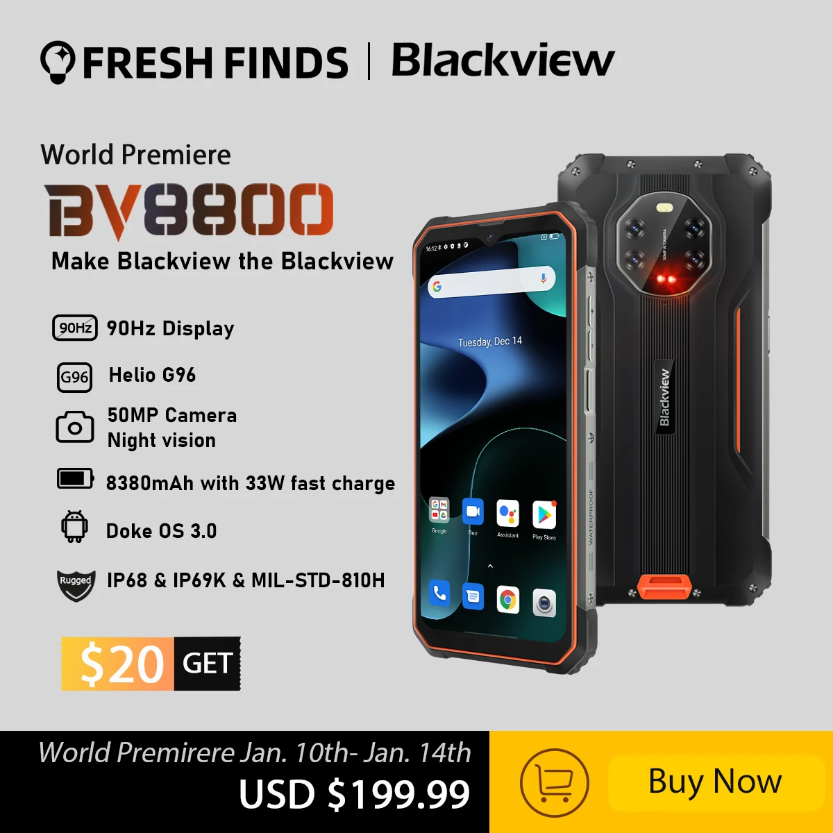 BLACKVIEW BV8800 Rugged Smartphone 90Hz Display 8GB+128GB Helio G96 Android 11 8380mAh Mobile Phone 50MP + 16MP NFC Cell Phone