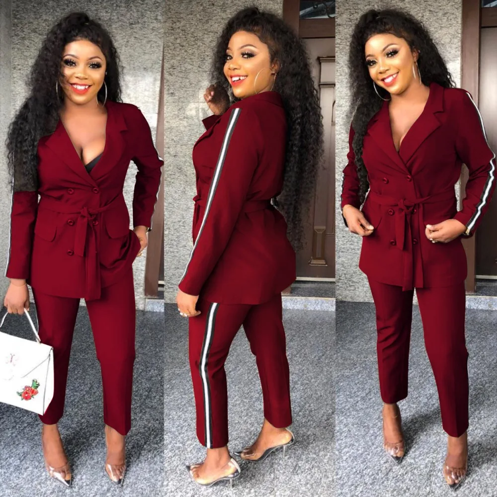 

Autumn High Street Plus Size Double Breasted 2 Piece Set Lady Turn Down Collar Long Sleeve Coat+Bodycon Long Pant+Sashes ASL042