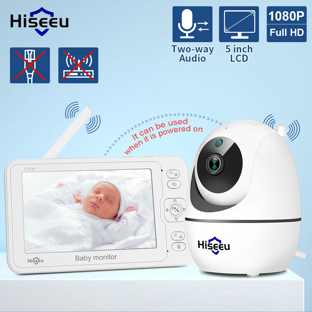 

Hiseeu 5.0 inch Baby Monitor 1080P 2-Way Audio Wireless Camera Baby Crying Alarm Video Surveillance Camera Support Playback