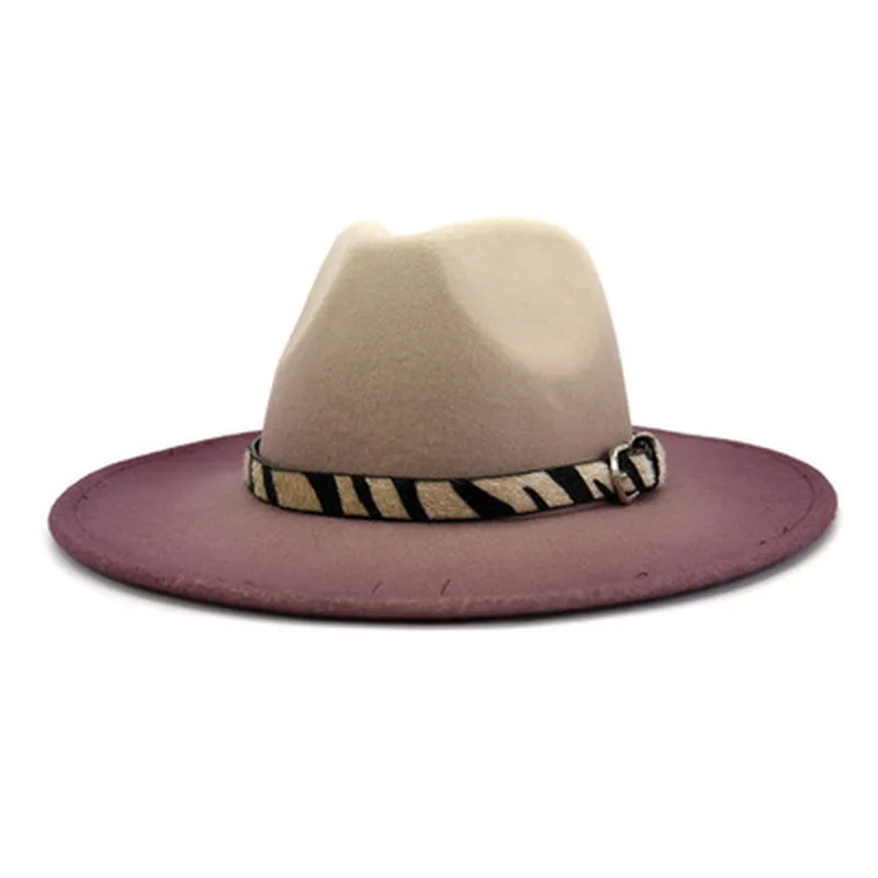 

Fedora шляпы зебра пояс широкополая градиентная расцветка; Высота женские шляпы в стиле Джаз шапки разработан в винтажном стиле венчание форм...