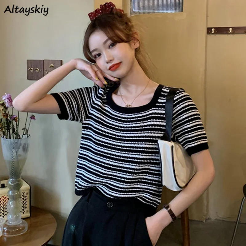 

T-shirts Women Striped O-Neck Short Sleeve Cropped All-match Summer Casual Loose Korean Style Chic Female Tees Tender Simple New