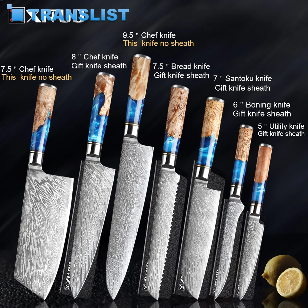 

XITUO Kitchen Knives-Set Damascus Steel VG10 Chef Knife Cleaver Paring Bread Knife Blue Resin and Color Wood Handle Cooking Tool