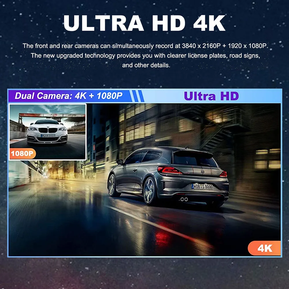 $55.39 4K Dash Cam Dual Lens UHD RecordingCar Camera DVR Night Vision GPS Wi-Fi G-Sensor Motion Detection Car Video Recorder 1080P Rear