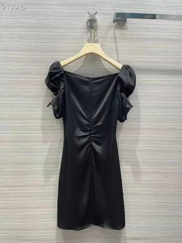 

2021 New Summer Women Short Puff Sleeve Runway Dress Square Collar Draped Black Mini Sexy Dresses Vestidos