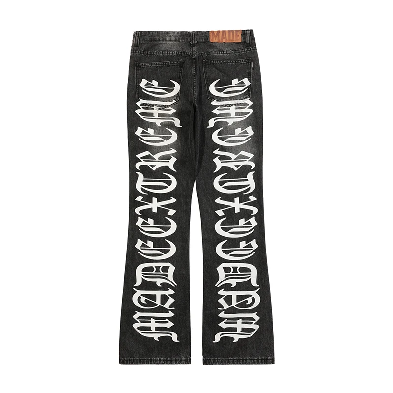 

Distressed Black White Flared Jeans Pant Mens Letters Frayed Skinny Micro Flared Jeans for Women Retro Hip-hop Denim Trousers