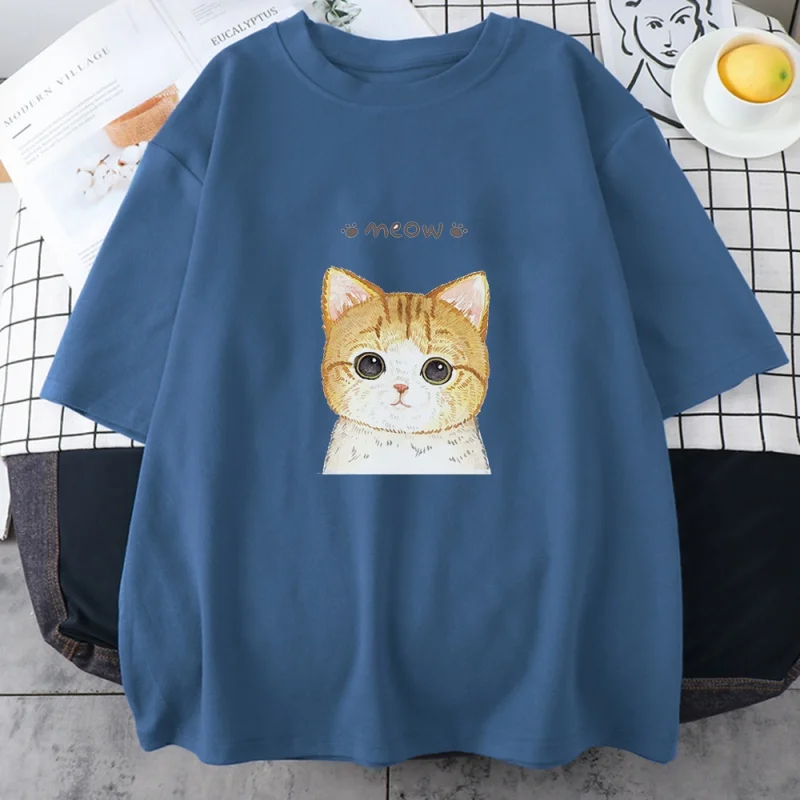 

Camisetas estampadas fofas de gato e grande face, blusas femininas da moda, roupas respiráveis, largas, para casa