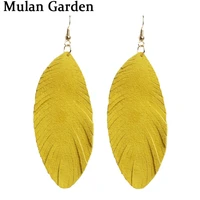 mg new yellow feather genuine goat leather earrings women nature solid color elegant leaf tassel dangle earring fashion jewelry