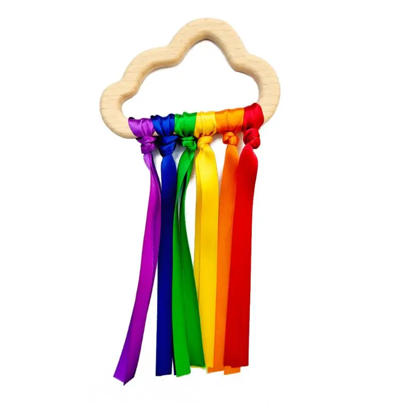 

Rainbow Natural Wooden Ribbon Ring Waldorf Toys Baby Teether Newborn Sensory Toy 97BC
