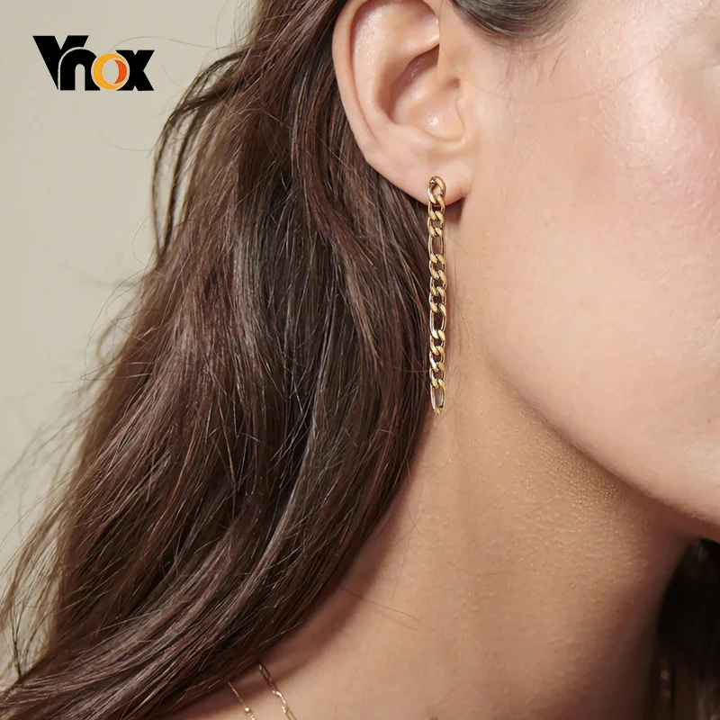 

Vnox Simple Long Figaro Chain Dangle Earrings for Women,Gold Tone Stainless Steel Metal Link Ear Accessories, Chic Lady Jewelry