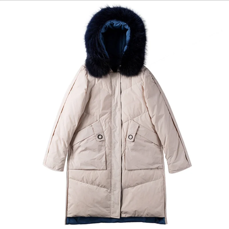 

2019 winter new style down jacket women long style large wool collar fashion women coat over knee loose duck down lady clothes