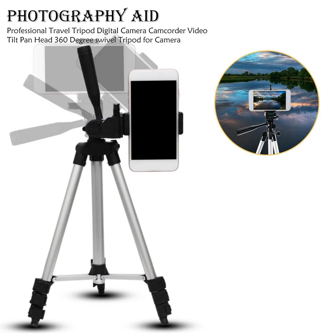 

Professional Foldable 1/4" Screw 360 Degree Fluid Head Tripod Stabilizer Aluminum Camera Tripod Holder Stand with Phone Holder