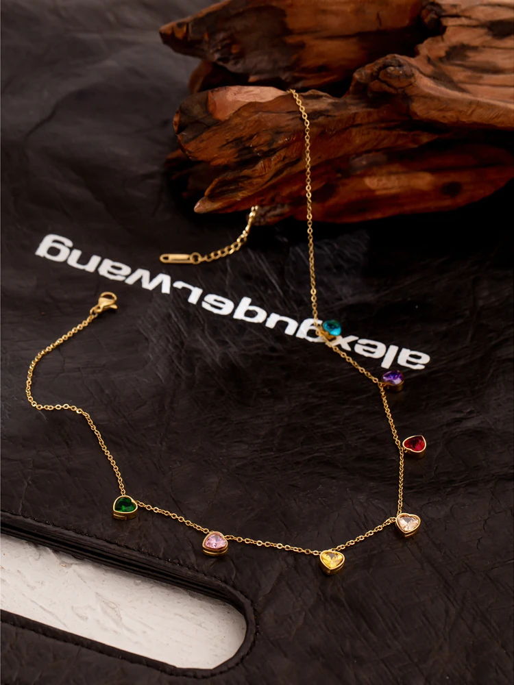 

Yhpup Exquisite Heart Colorful Cubic Zirconia Necklace for Women Stainless Steel Delicate Chain Necklace bijoux ete 2021 Gift