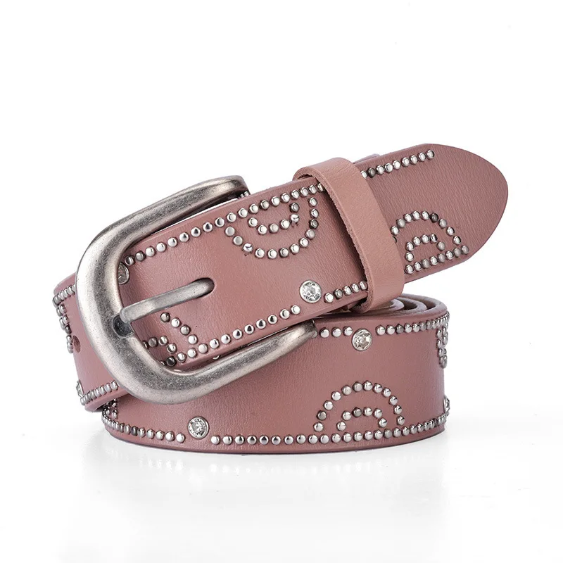 pink colour Заколка Для панка с пряжкой, винтажный роскошный женский кожаный ремень с заклепками, женский пояс, полый женский ремень - Цвет: pink colour