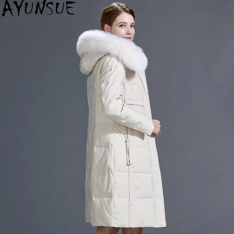 AYUNSUE женский пуховик с натуральным лисьим мехом зимнее пальто капюшоном белый на