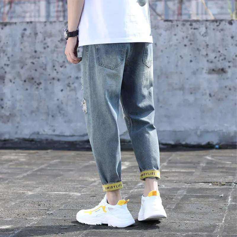 Vintage Men Ripped Jeans Fashion Plus Size Ripped Ankle-Tied Baggy Denim Jeans Male Loose Casual Harem Pants Men Jeans Trousers