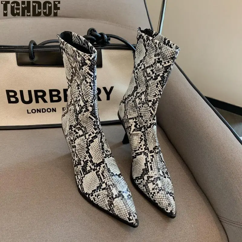 TGHDOF Autumn Winter Snake Print Stiletto High Heels Women's Boots Pointed Zip Footwear Pu Sexy Females Boot Shoes Woman 2021
