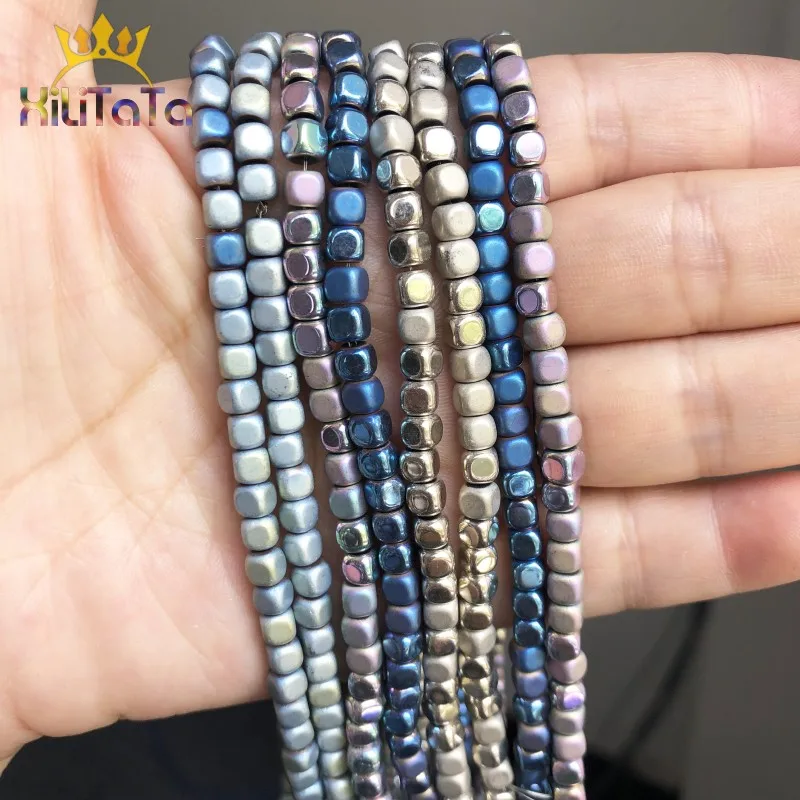 4 мм Квадратные бусины из Натурального Гематита матовые разноцветные синего
