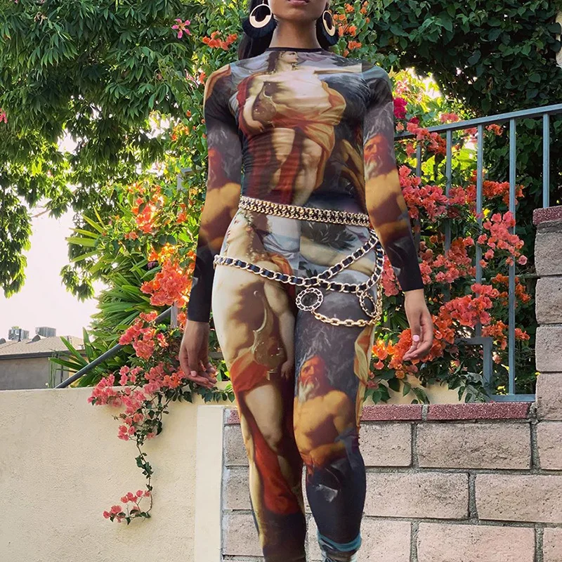 

Женский комбинезон с винтажным принтом, Осенний эластичный комбинезон с высокой талией, новый модный уличная одежда, женский комбинезон Mujer