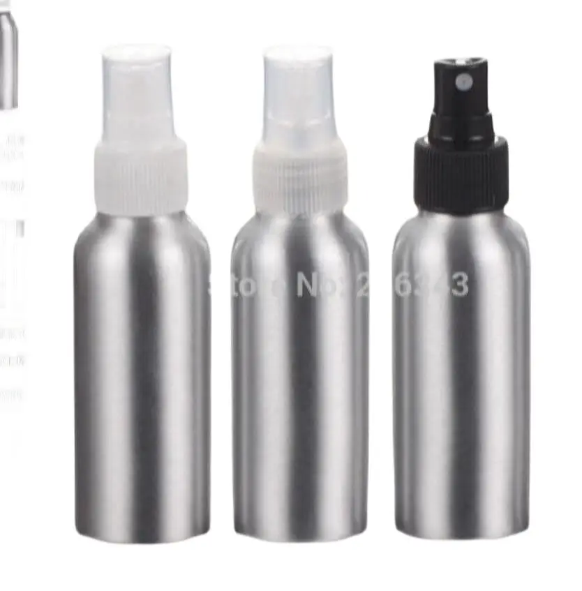100pcs 100ml Aluminium bottle metal bottle with white/transparent/black sprayer pump