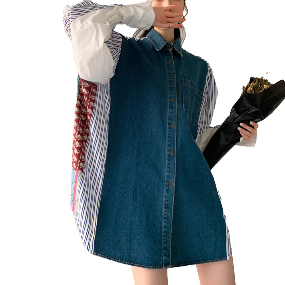 

Korean Fashion Streets Japanese Blouse Spring Autumn Patchwork Contrast Fashion Casual Cowboy Pocket Lapel Long Sleeve Shirt