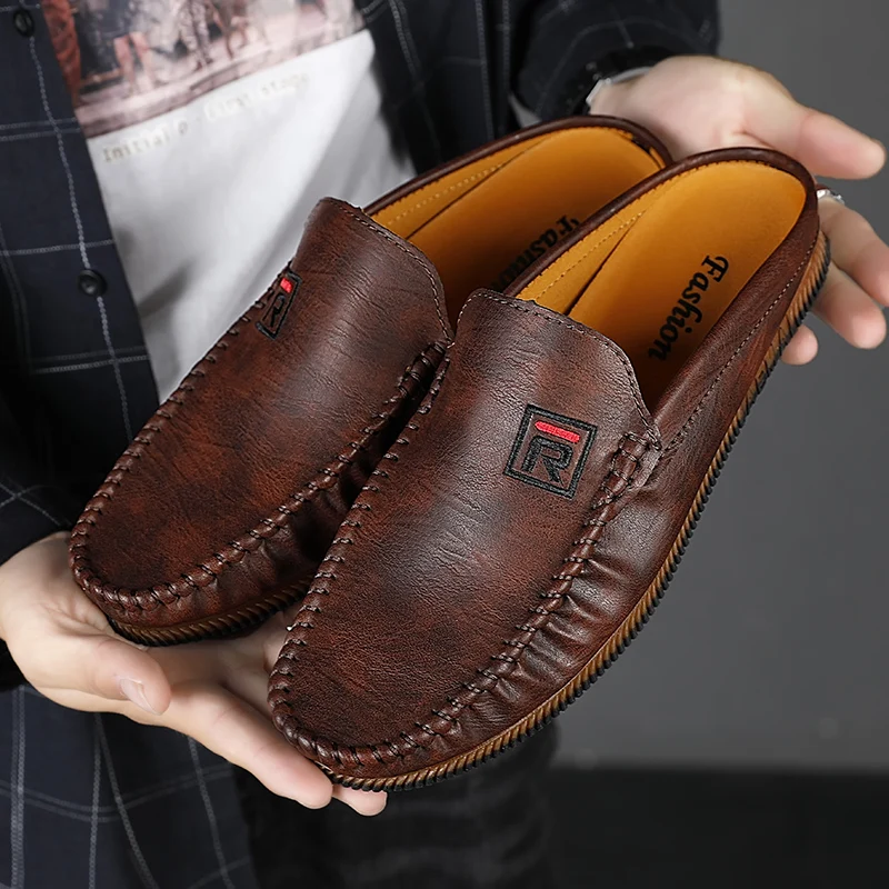 

Popular Summer Mens Flat Shoe Half Drag Pu Leather Men Shoes Brand Fashion Man Casual Sneakers Comfortable Half slippers for Men