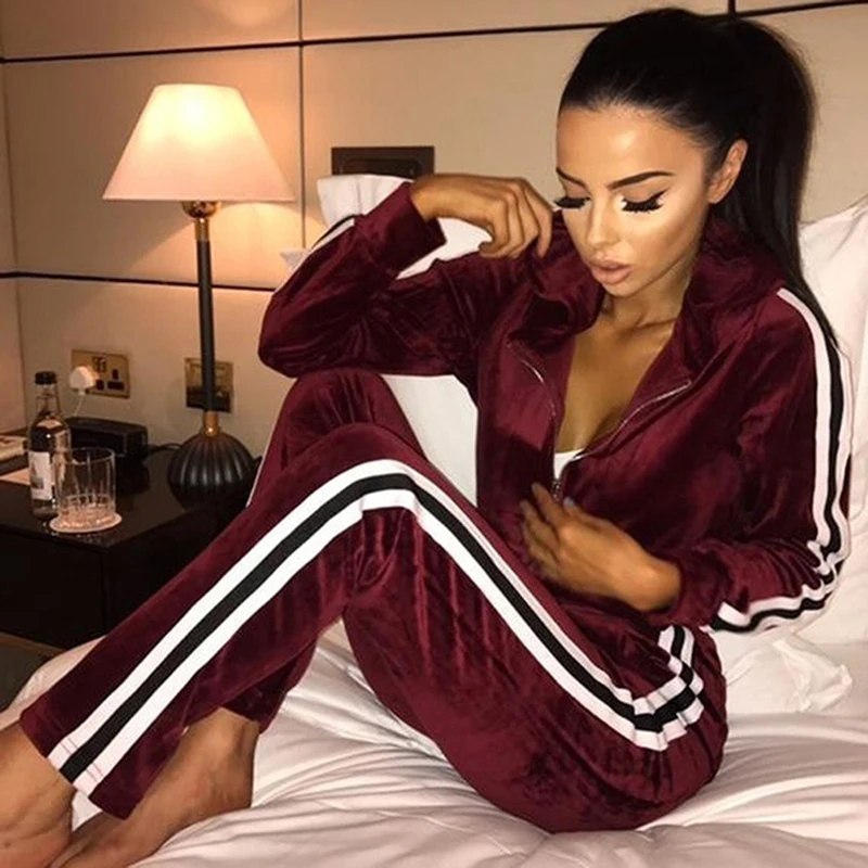 

Women Fashion Velvet Suits Female Casual Tracksuits Striped Tops And Pants 2 Pieces Sets Conjunto Feminino