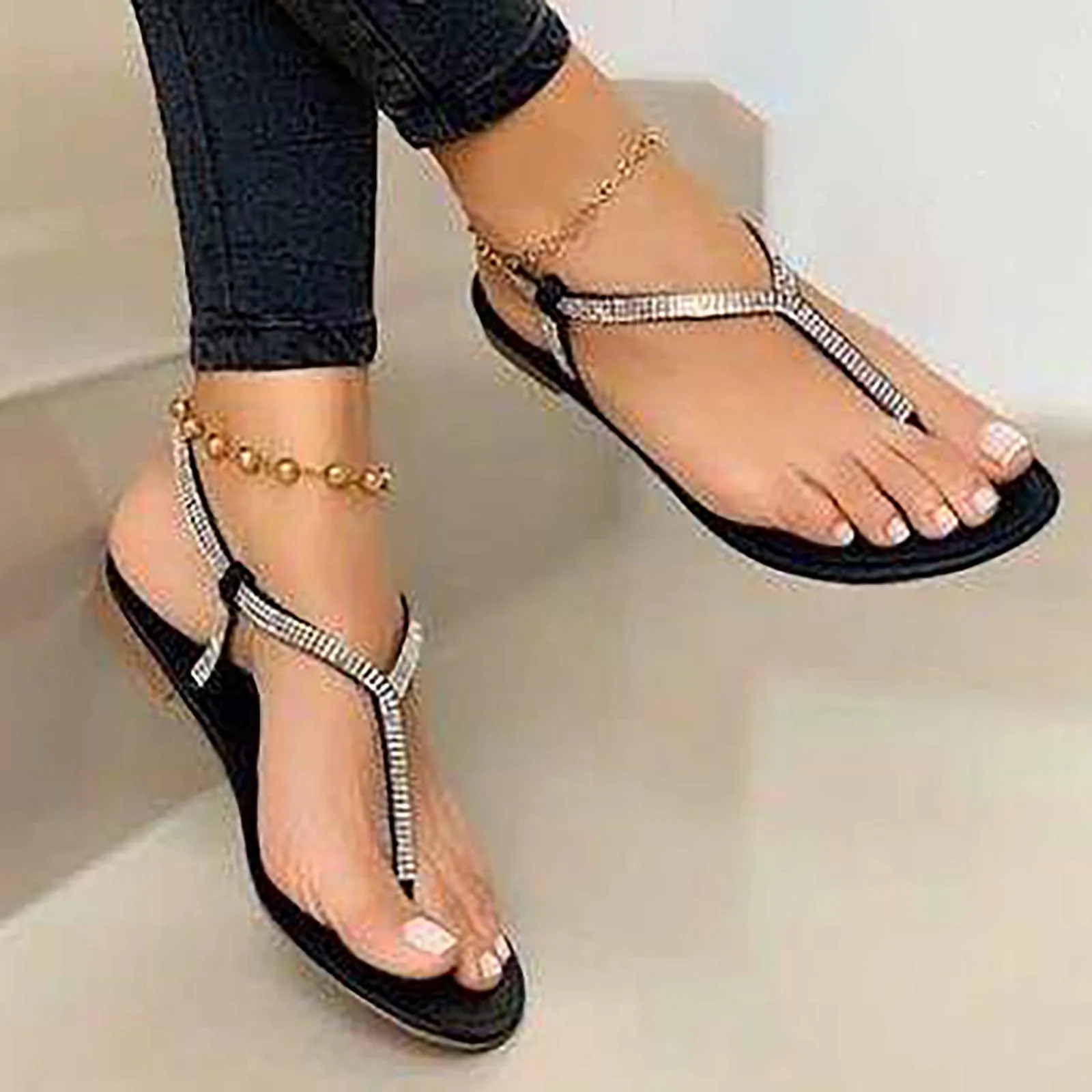 

Fashion Women Rhinestone Sandals Ladies Flat Flip Flops Summer Female Beach Slip-On Slippers Shoes zandalias de mujer de moda