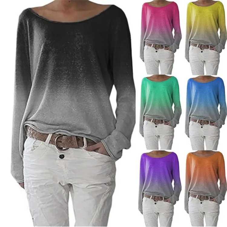 Women Gradient T-shirt 2019 New Fashion Loose Tops Long Sleeve Hot Sale T-shirts European American Style Plus Size S-3XL GMT21 | Женская