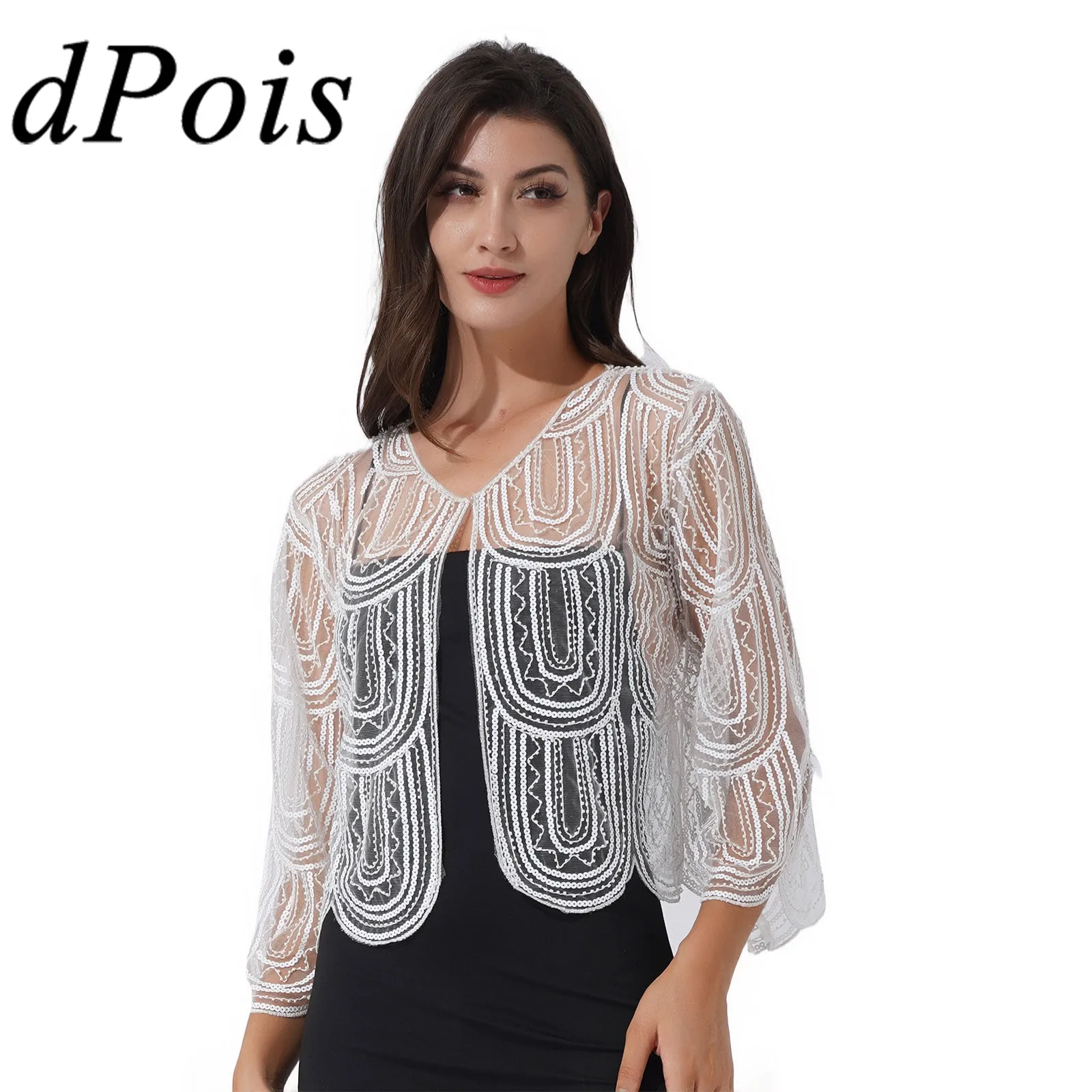 Женская накидка болеро с блестками Кардиган длинным рукавом для свадебной