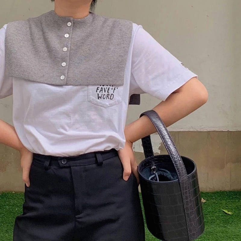 

Women Autumn Knitted Big Shawl Button Down Round Neck Fake Collar Solid Color Warmer Detachable Short Poncho Capelet