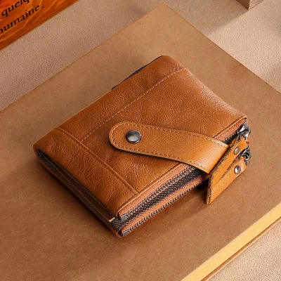 [sinor]Double zipper short men's wallet leather zipper buckle antimagnetic coin coin clutch oil wax wallet S23