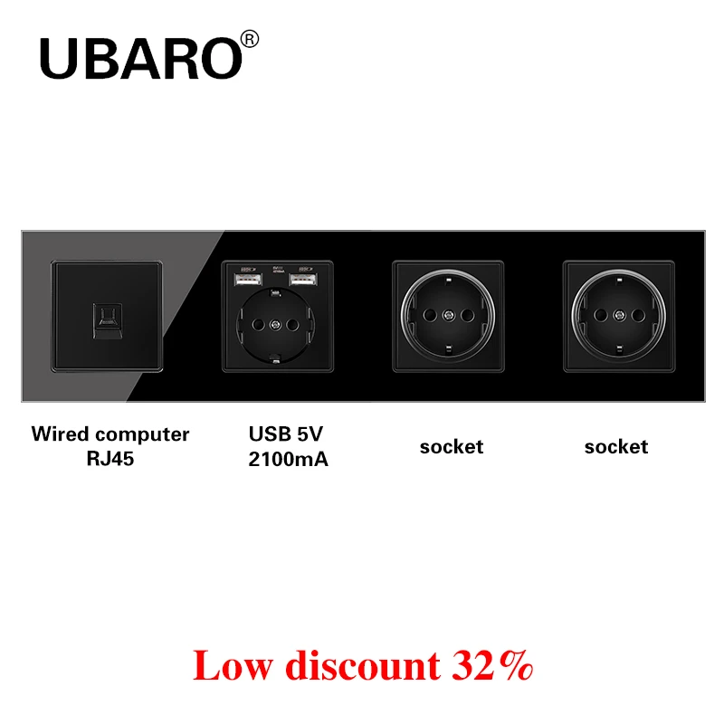

UBARO German Standard Tempered Crystal Glass Panel Wall Socket Power With Rj45 Or RJ11 Plug Sockets Home Outlet AC110-250V 16A
