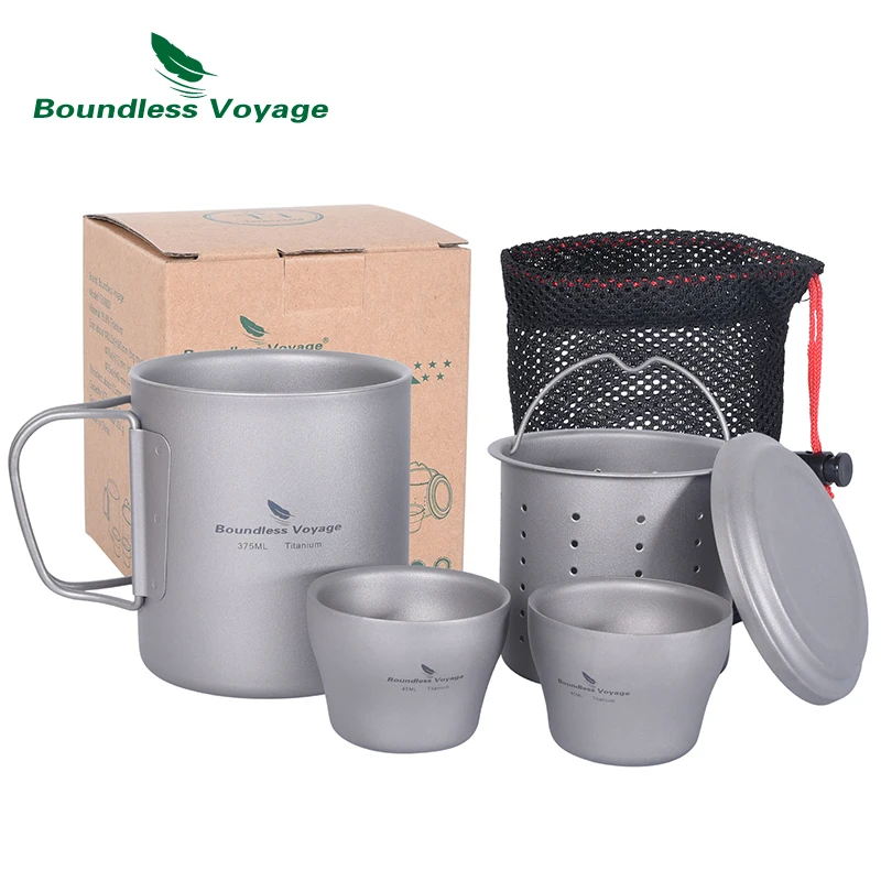 Boundless Voyage Titanium Double-walled Tea Cup with Strainer Shot Glass Outdoor Camping Portable Coffee Mug Set Ti3088D