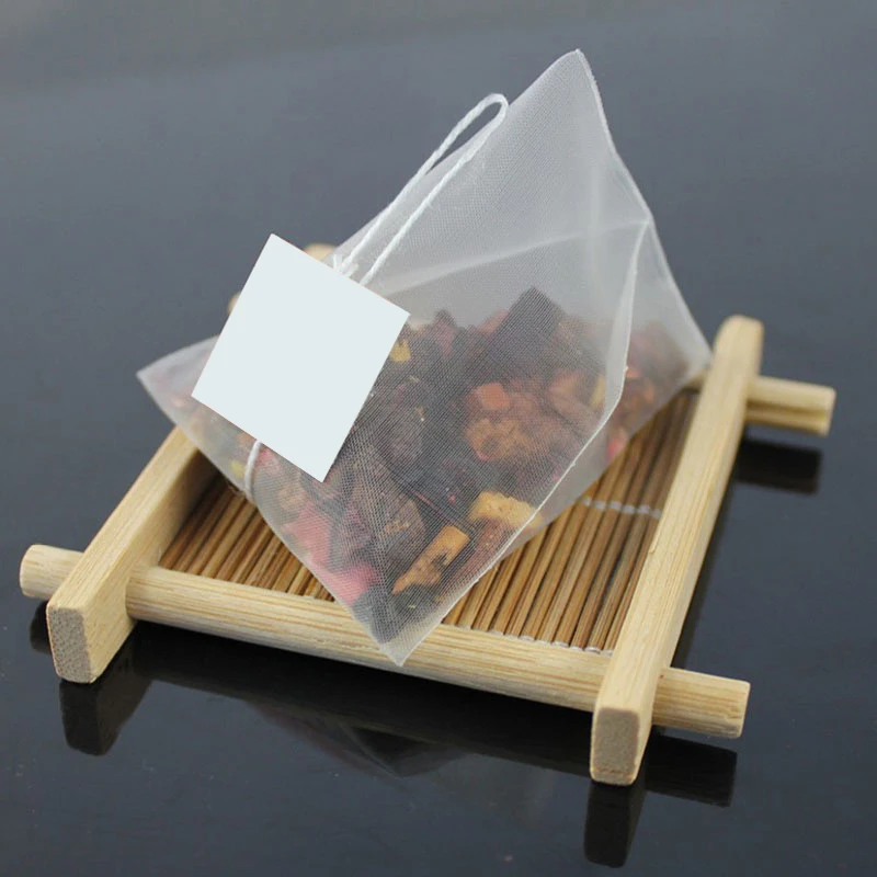 1000pcs/lot Pyramid Nylon Empty Tea Bags Filters String with TEA Tag Transparent Teabag Customized logo