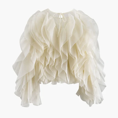 Женская шифоновая блузка с оборками VGH, элегантная Свободная рубашка с круглым вырезом и длинным рукавом-фонариком, летняя одежда, 2022