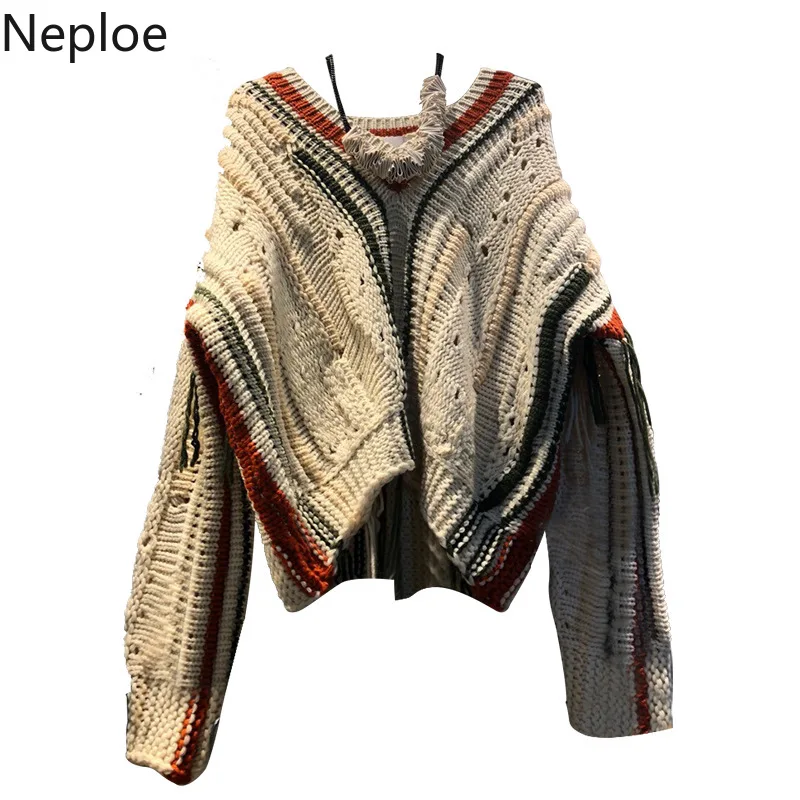 Neploe, корейский дизайн, v-образный вырез, пэчворк, толстый, Pull Femme, Elagant, вязаный свитер с кисточками, женский осенне-зимний пуловер, 46473