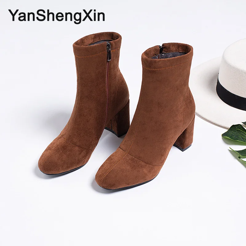 YANSHENGXIN/обувь женские ботинки однотонные замшевые сапоги до середины икры на молнии Женская обувь на высоком каблуке осенне-зимние сапоги женские ботинки