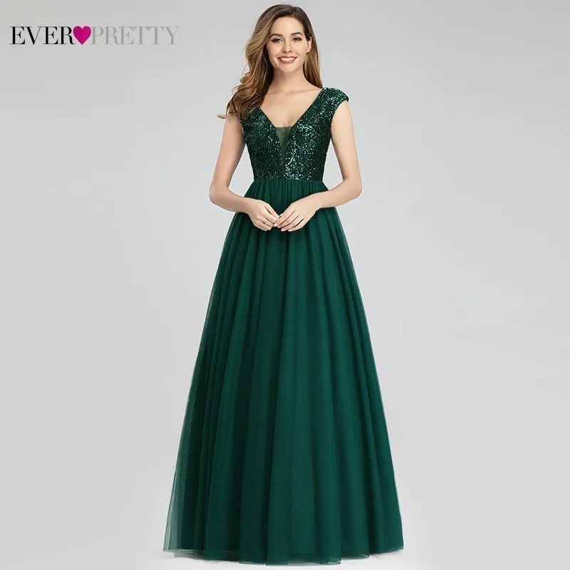 Vestido Madrinha Ever Pretty Dark Green Sequined Bridesmaid Dresses A-Line V-Neck Sleeveless Formal Dresses For Wedding Party
