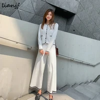 spring summer women knitted tracksuits 2021 new 2 piece sets single breasted cardigan sweatecapri straight wide leg pant suits