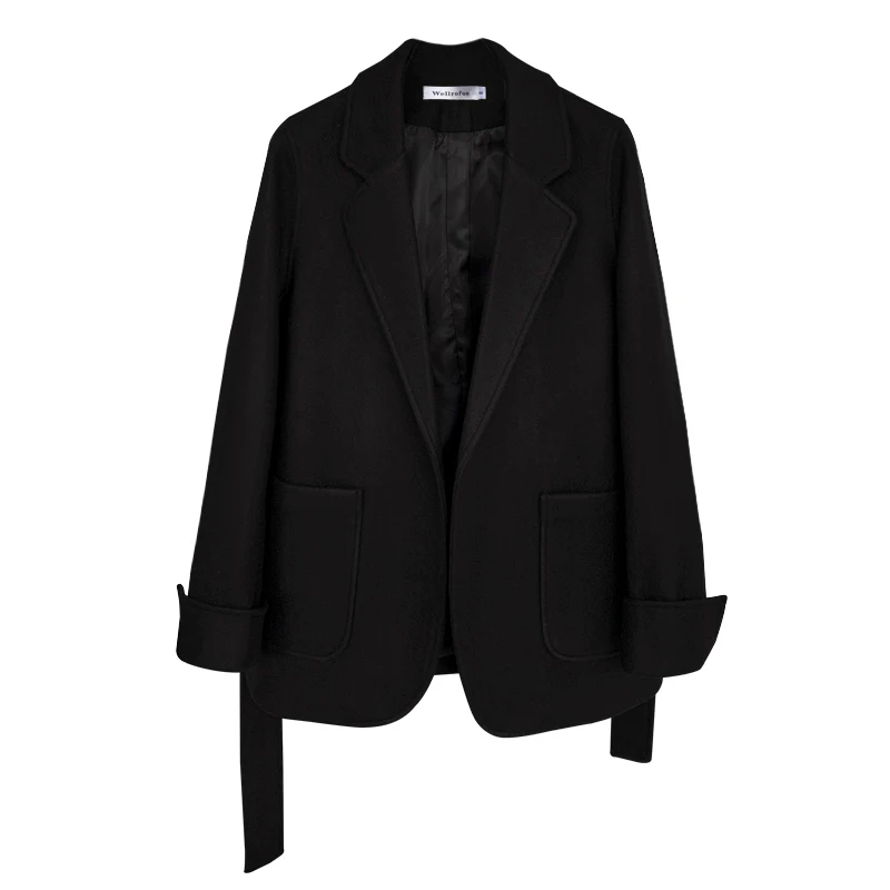 

[DEAT] Black Tweed Notched Collar Coat Thickened Medium Length Small Suit Women Korean Fashion 2021 Spring And Autumn GX964
