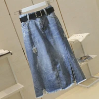 the new denim skirt large size all match a line skirt spring and summer high waist thin hole mid length style