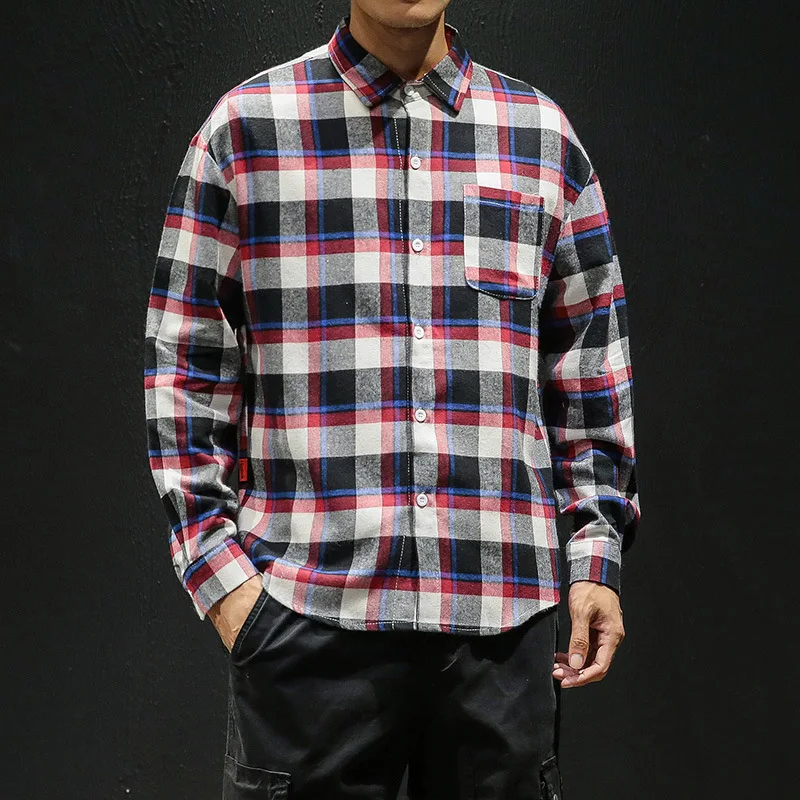 

Men Clothing 2021 Spring and Autumn Plaid Shirt Men's Loose Drop Shoulder Shirt Trend Long Sleeves Camisas Para Hombre