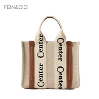 women designer print letter canvas totes handbag with genuine leather handle summer large capacity purse beach bag