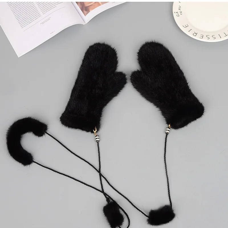 Mink Fur Orange Gloves Women Winter New Korean Version Of The Warm Cute Female Suede Weaving Fingers Fur Gloves