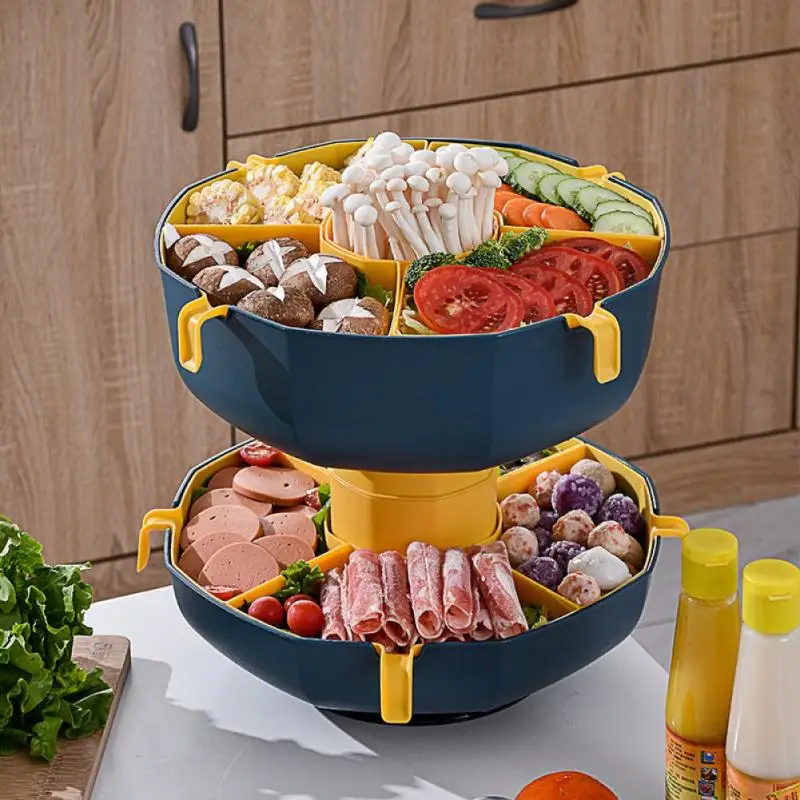 

360°Rotating Vegetable Fruit Platter With Handle Draining Holder Portable Hot Pot Side Dish Platter Fruit Platter Kitchen Tools